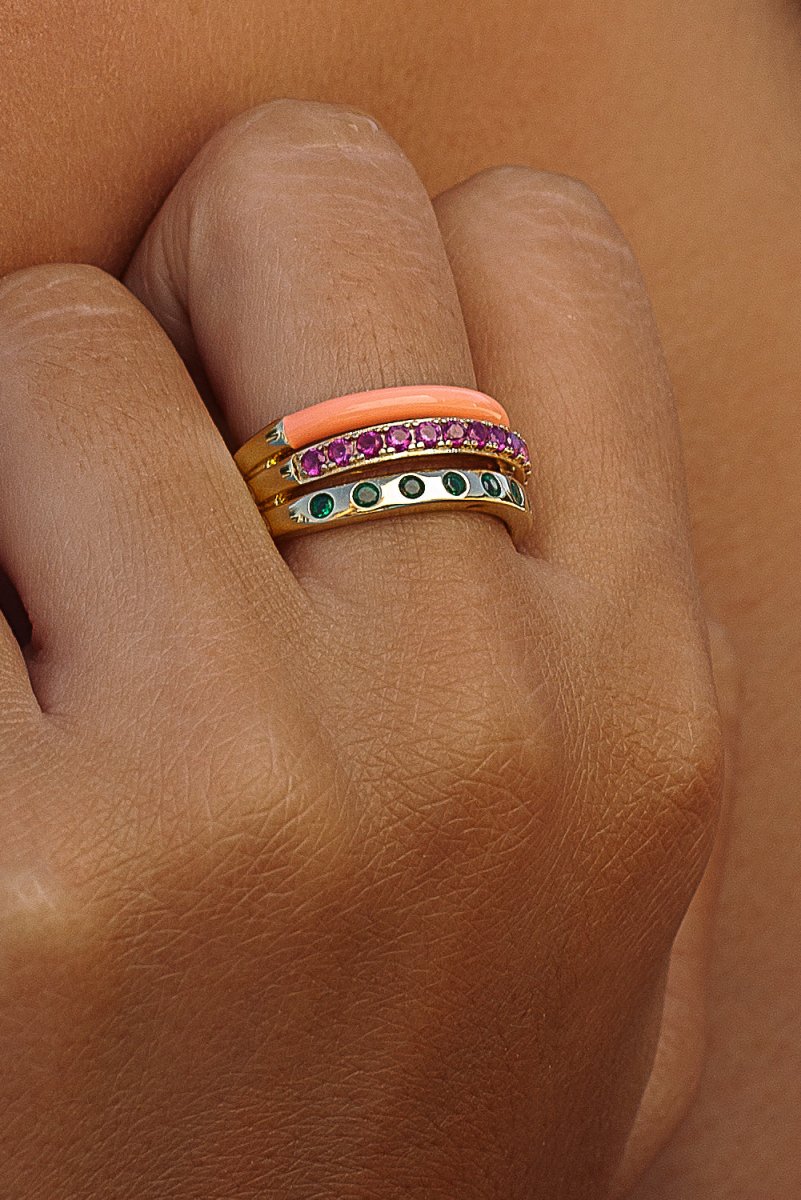 Ring - Orange enamel and gemstone combination design wide rings