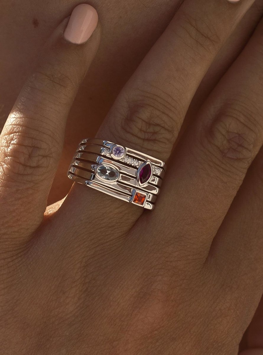 Ring - Wide rings in silver with multicolor geometric design