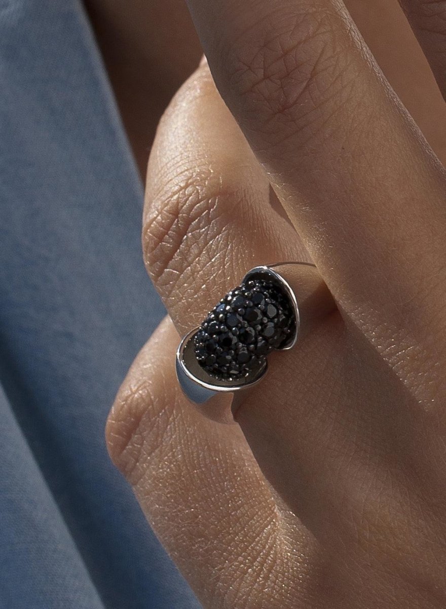 Ring - Black zirconia open design and plain silver rings