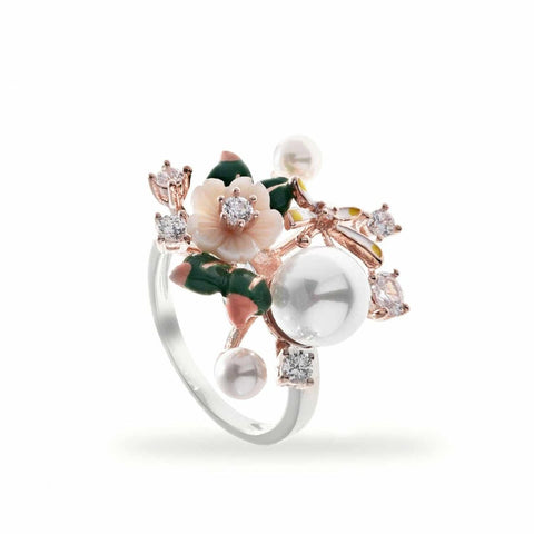 Anillo · Anillos con perlas diseño floral con circonitas