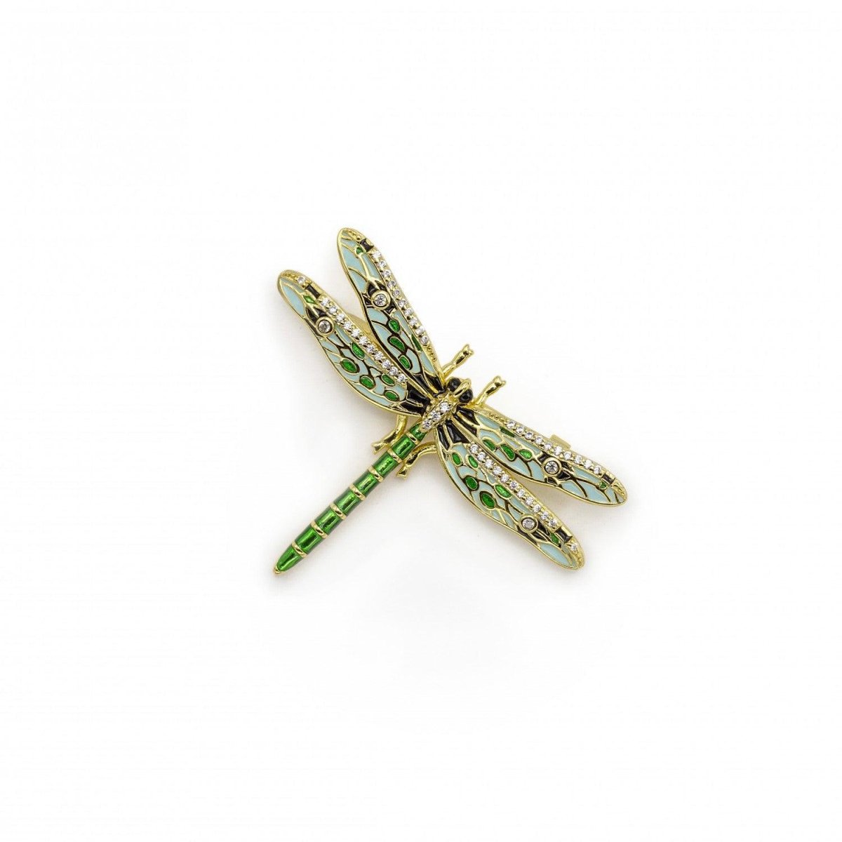 Brooch - Gold plated silver brooch with a dragonfly design composed of multicolored zircons