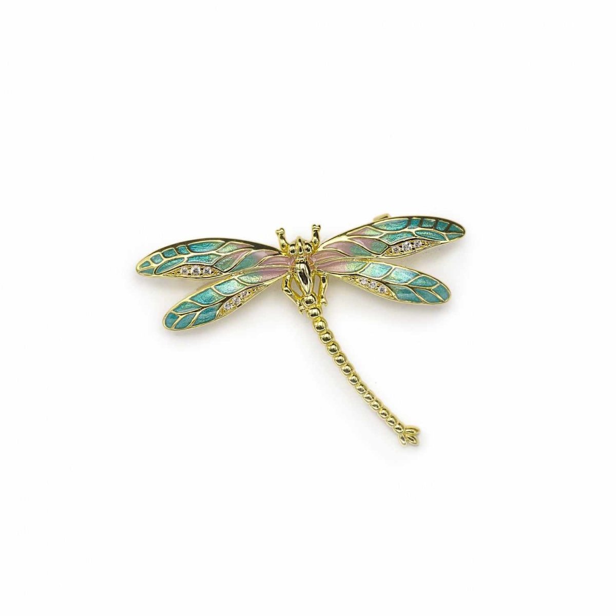 Brooch - Gold plated silver brooch with a dragonfly design composed of pink and green zirconias.