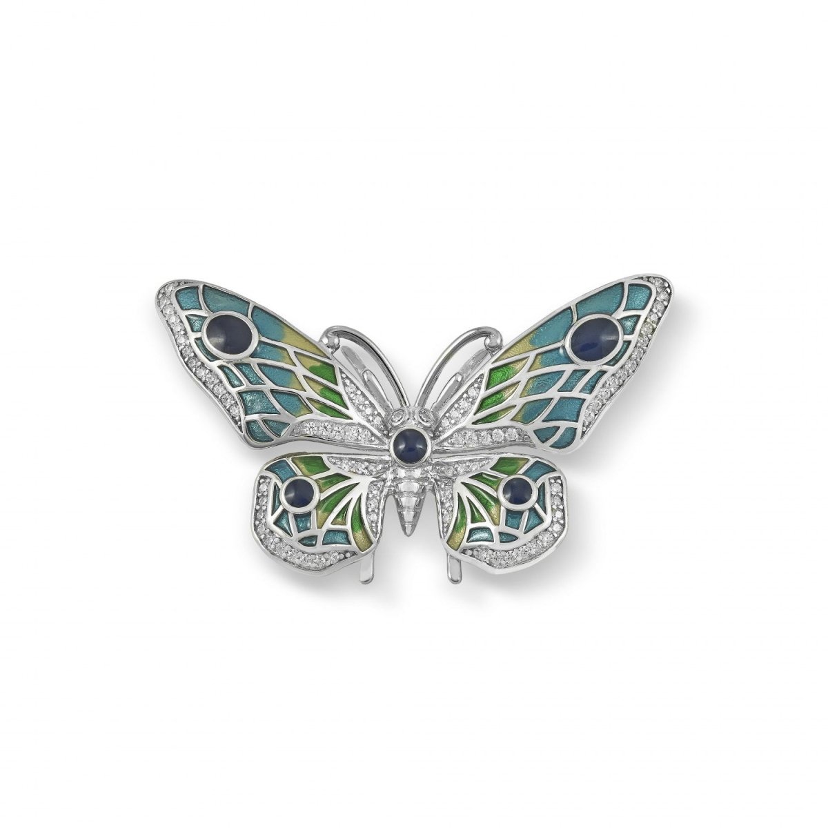 Brooch - Butterfly design silver brooch with colored stones