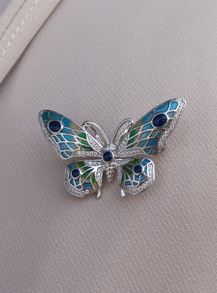 Silver brooch butterfly design with colored stones - LINEARGENT