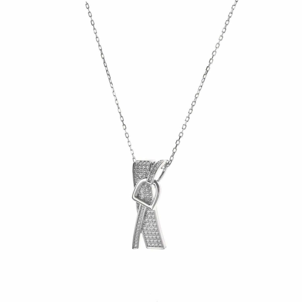 Collar · Colgante brillante de plata diseño hebillas con engaste circonitas raíl cruzado