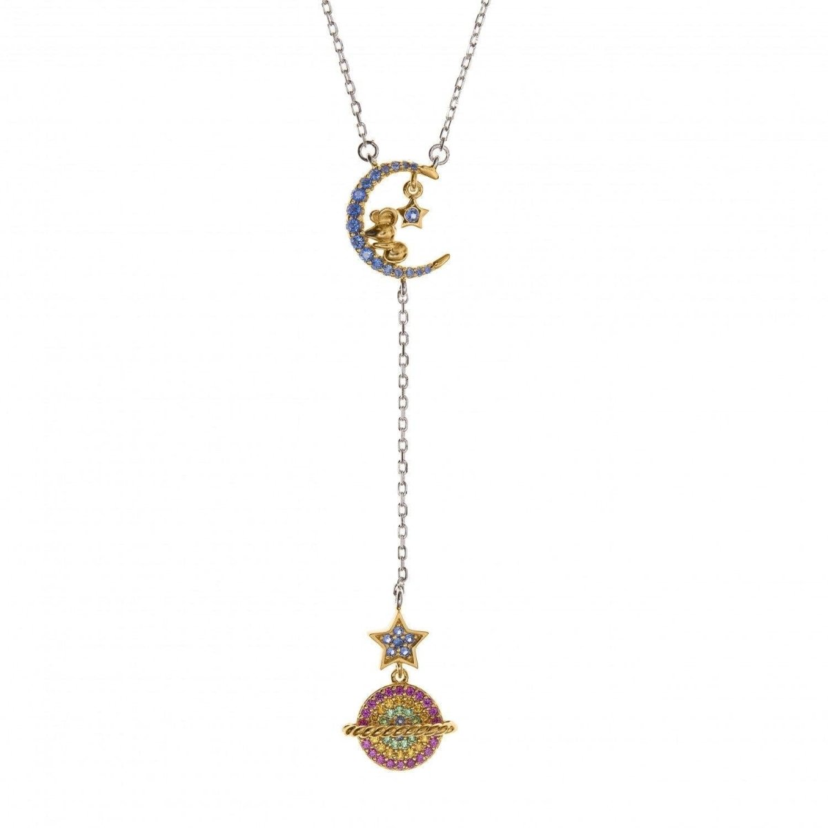 Collar · Colgante de plata con dos mini charms en motivo de luna y planeta con detalle de circonitas multicolores