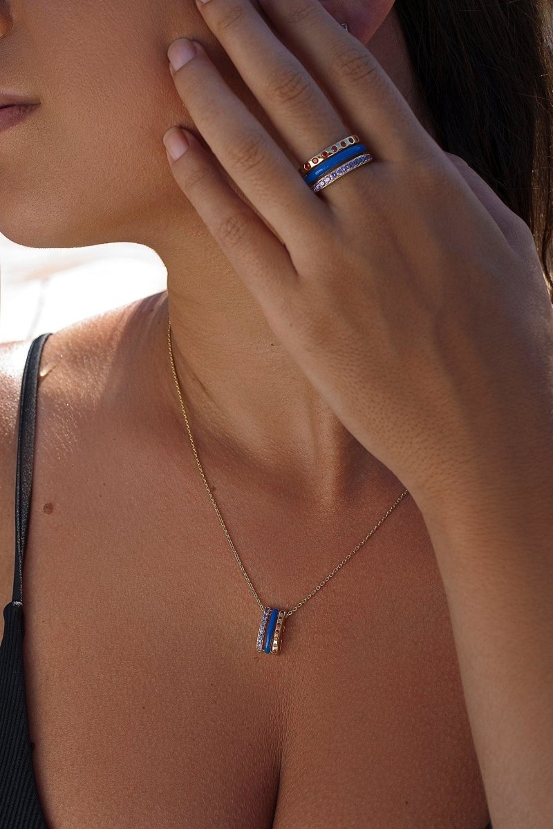 Necklace - Silver pendants with navy blue triple rail design
