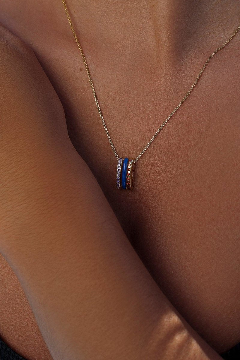 Necklace - Silver pendants with navy blue triple rail design