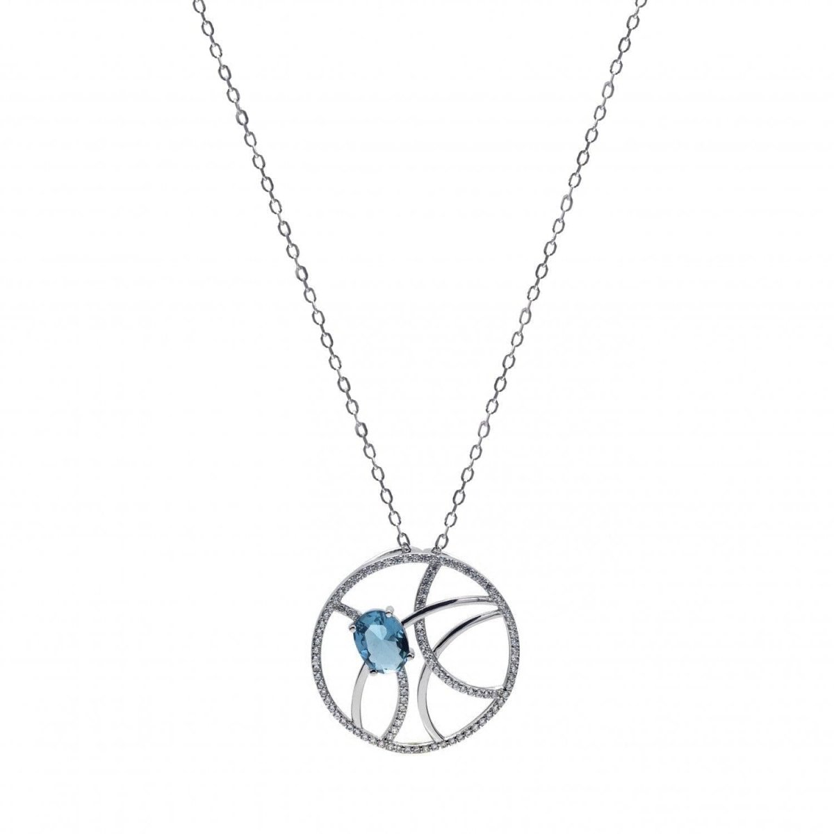 Necklace - Large silver pendants with circular aquamarine design