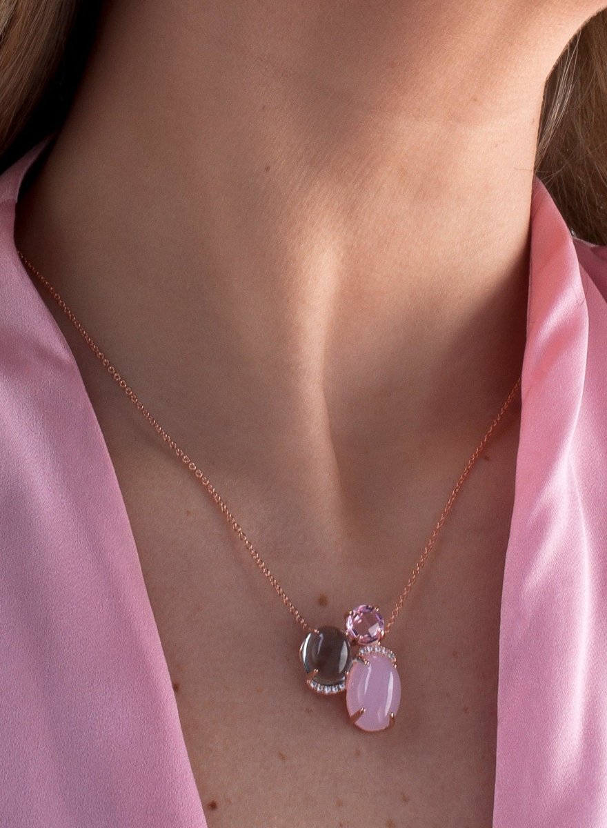Necklace - Necklaces with smooth silver stones triple pink motif pink plated