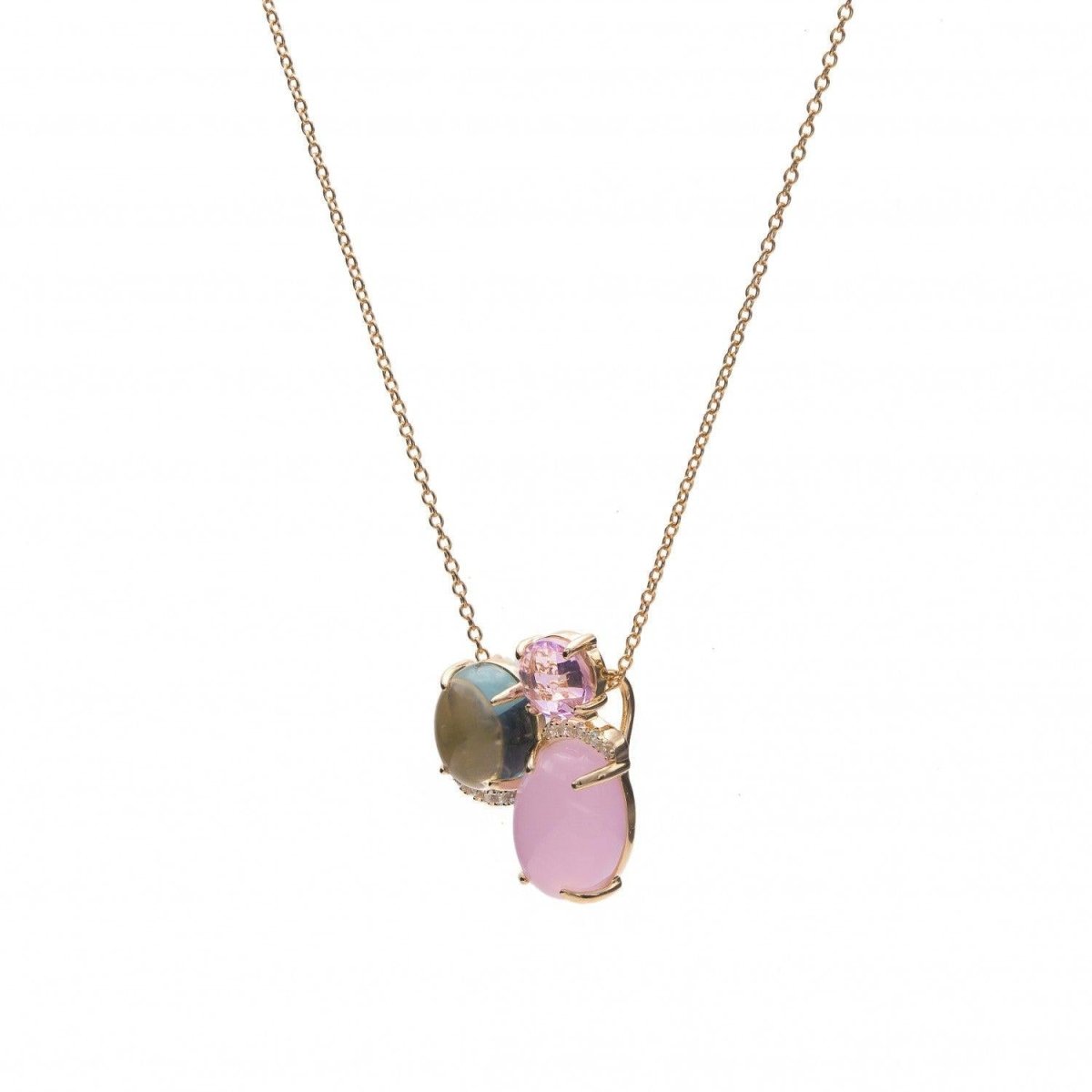 Necklace - Necklaces with smooth silver stones triple pink motif pink plated