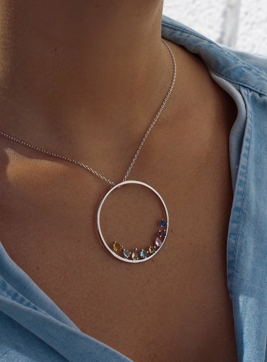 Necklace - Large circular silver necklaces with gems multicolor lower arrangement