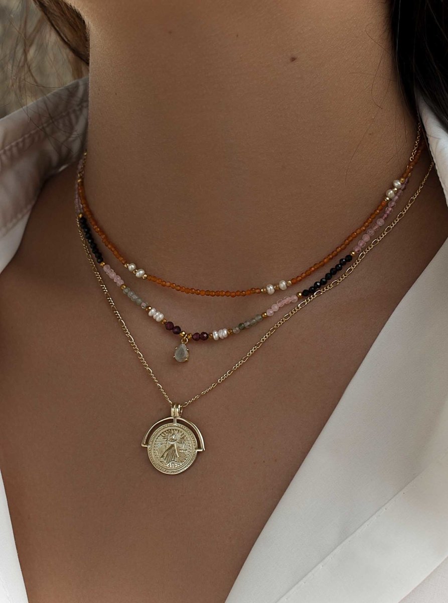 Double necklaces beads design central quartz motif - LINEARGENT
