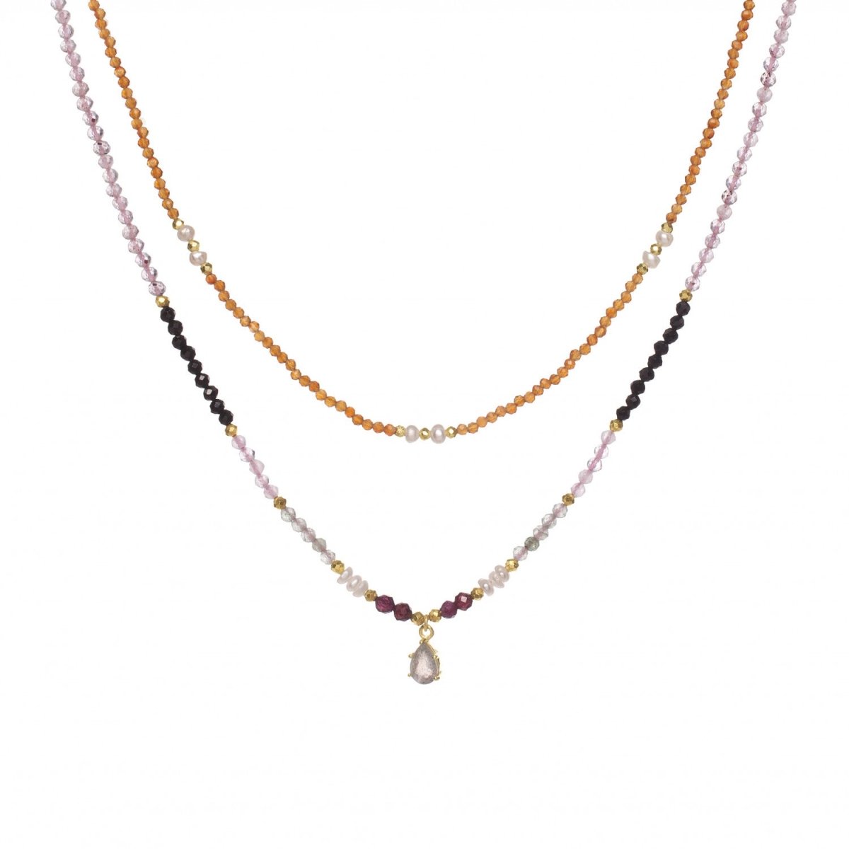 Double necklaces beads design central quartz motif - LINEARGENT