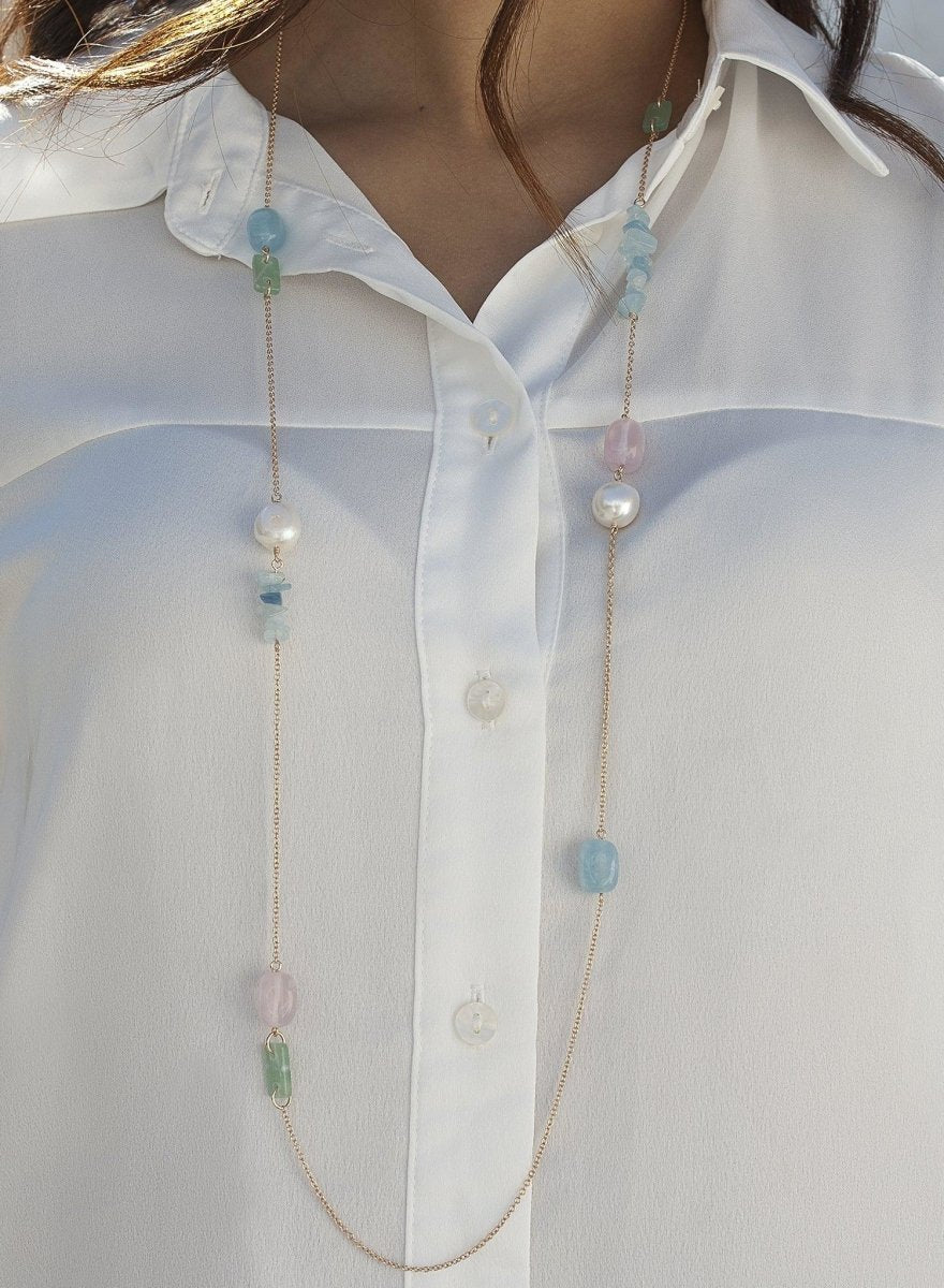 Collar · Collares largos diseño de gemas de colores con perlas