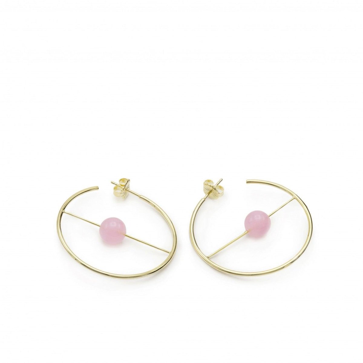 Pendiente · Aros dorados diseño circular y barra con cuarzo rosa central