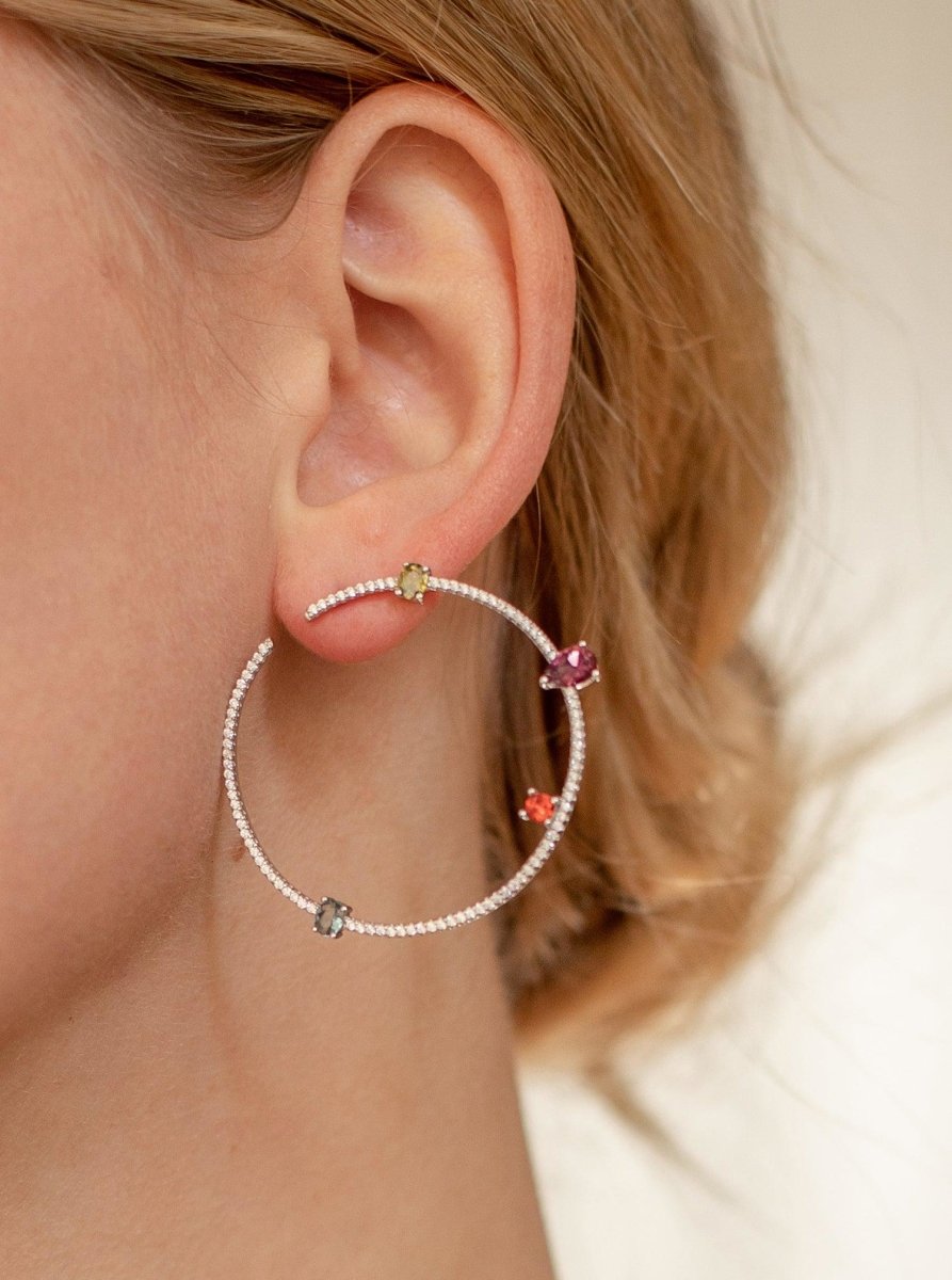Earrings - Original hoop earrings with gems multicolor irregular arrangement