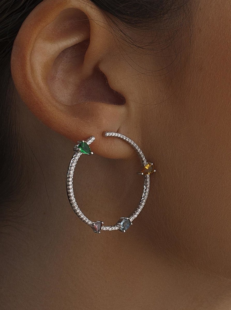 Earrings - Original hoop earrings with gems asymmetrical multicolored arrangement