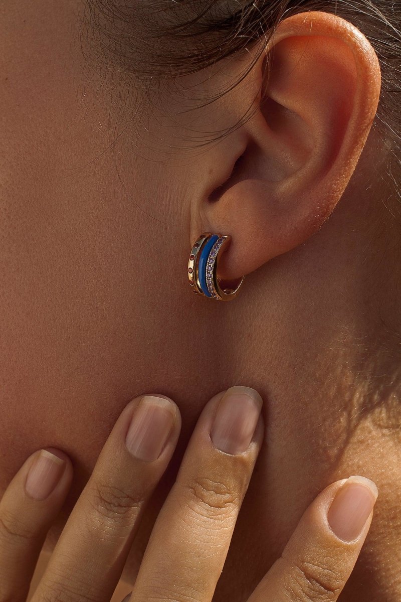 Earrings - Small hoop earrings navy blue enamel with zirconia design