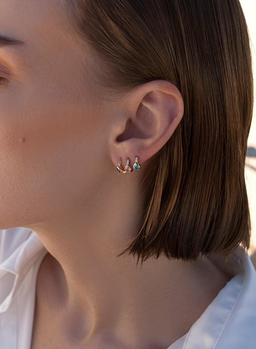Earrings - Small hoops earrings with pink teardrop and zirconia design