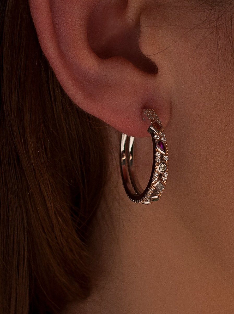 Hoops earrings with stones double rail design - LINEARGENT