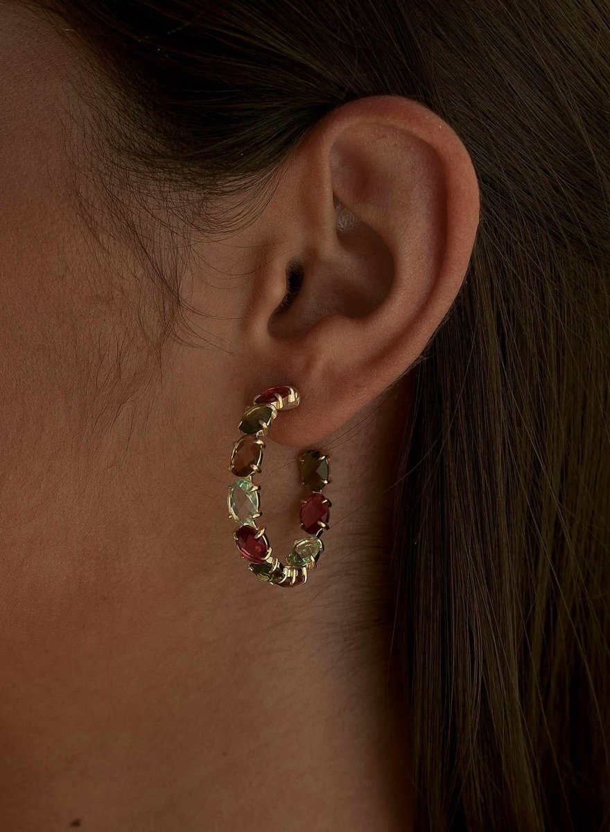 Earrings - Hoop earrings with stones formed by gemstones in warm tones
