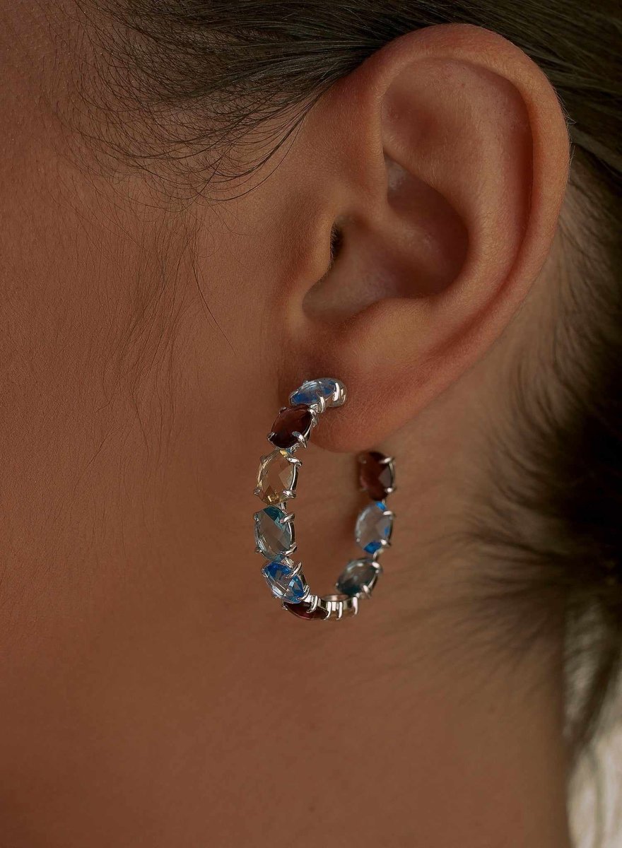 Earrings - hoop earrings with stones formed by gems in cool tones