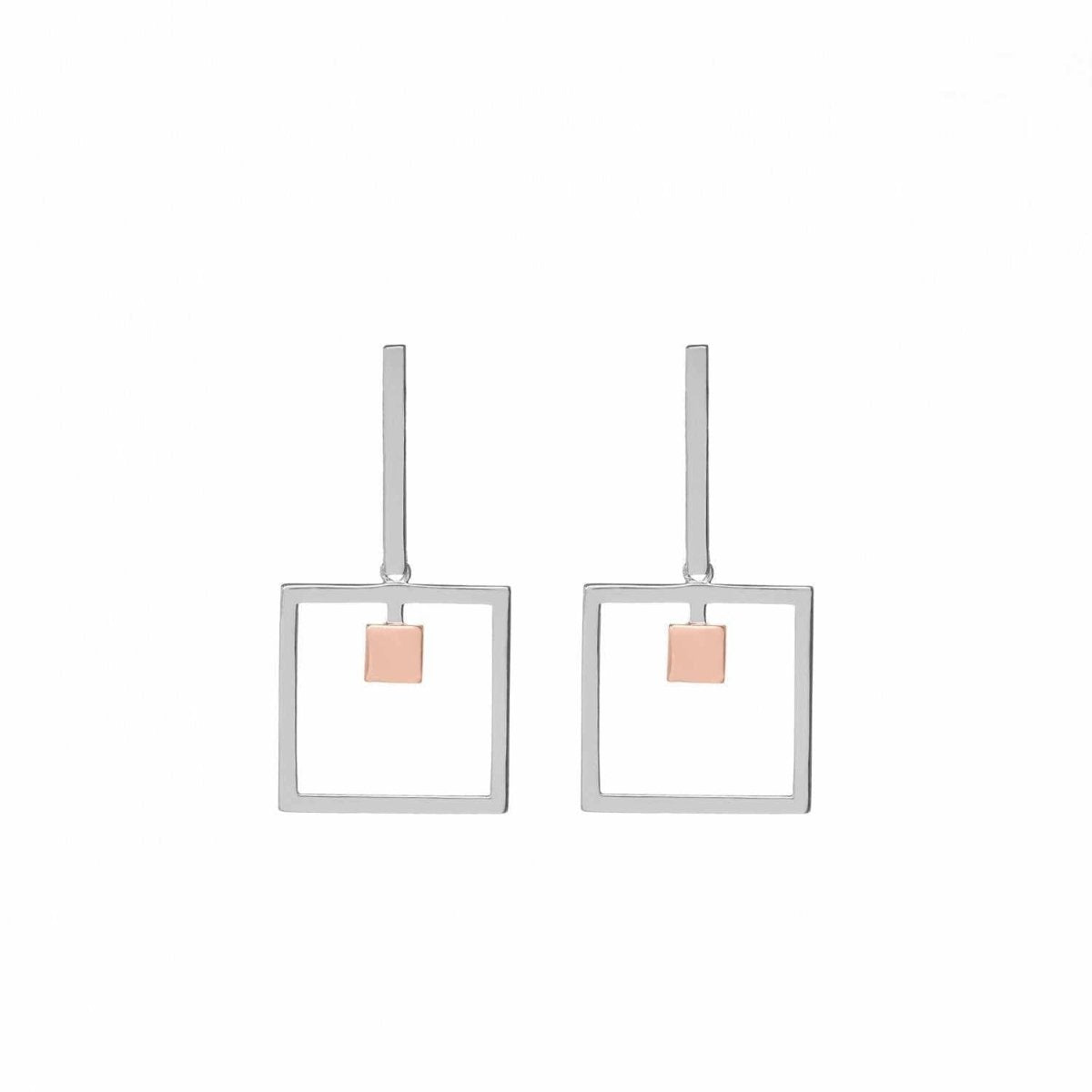 Earrings - Bicolor earrings square design plain silver and pink gold