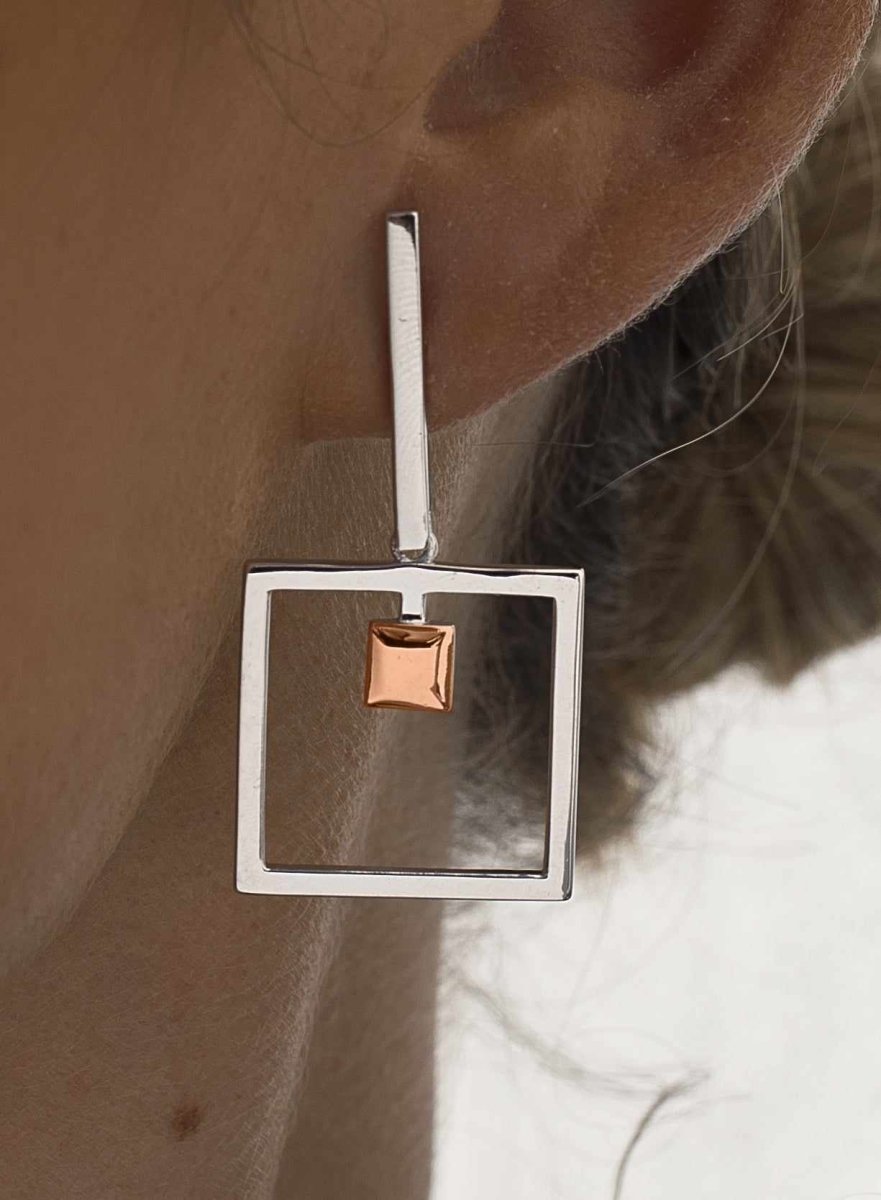 Earrings - Bicolor earrings square design plain silver and pink gold