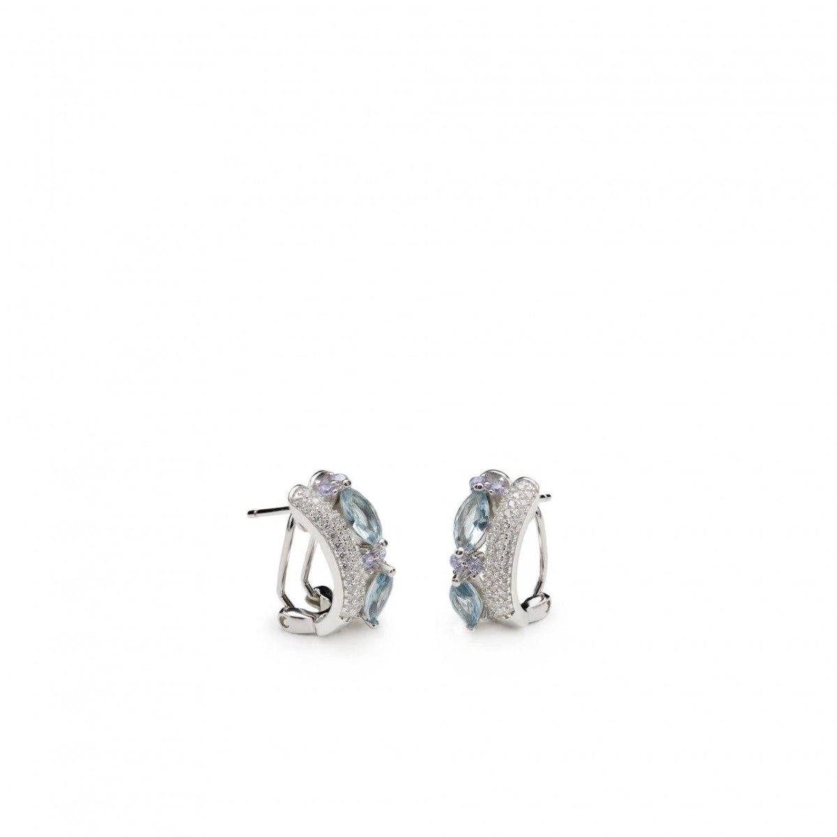 Pendiente · Pendientes cierre omega de plata pequeños diseño lateral circonitas talla marquesa azul