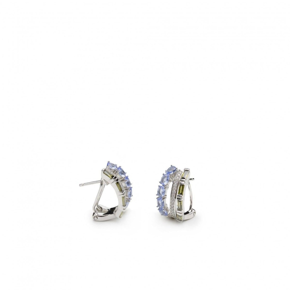 Earrings - Omega clasp earrings in small silver two-tone design and zirconia