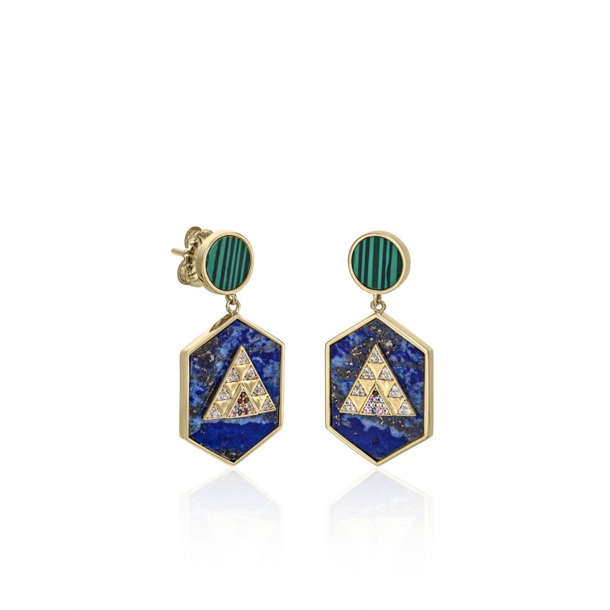 Earrings with pendants in silver formed by lapis lazuli malachite and zirconia - LINEARGENT