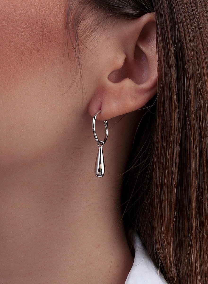 Earrings - Hoop earrings with teardrop design pendants in plain silver