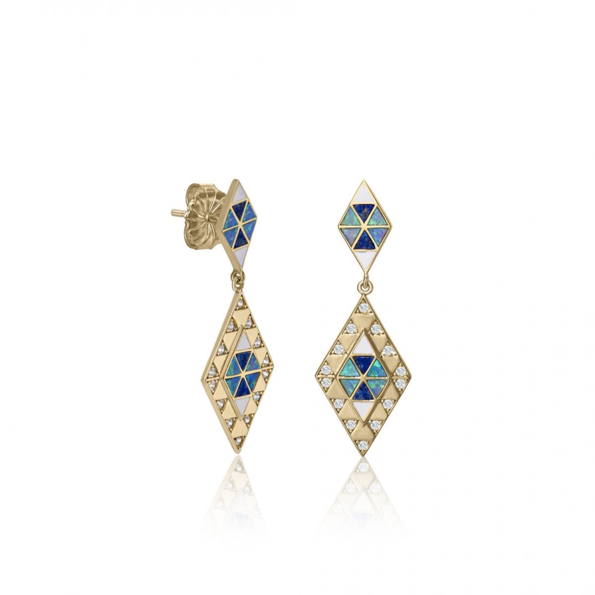 Earrings with rhombus motif pendants with lapis lazuli enamel and zirconia - LINEARGENT