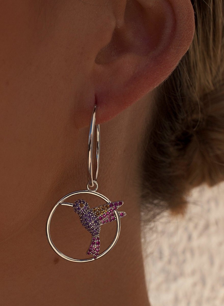 Earrings - Hoop earrings with dangling earrings with hummingbird ring design