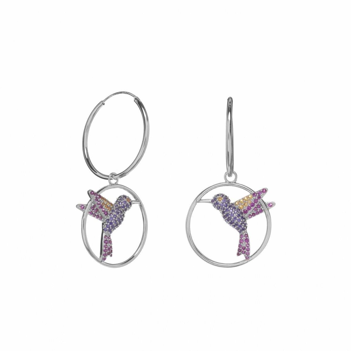 Earrings - Hoop earrings with dangling earrings with hummingbird ring design