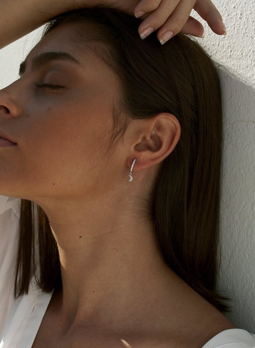Earrings - Hoop earrings with zirconia moon design pendants