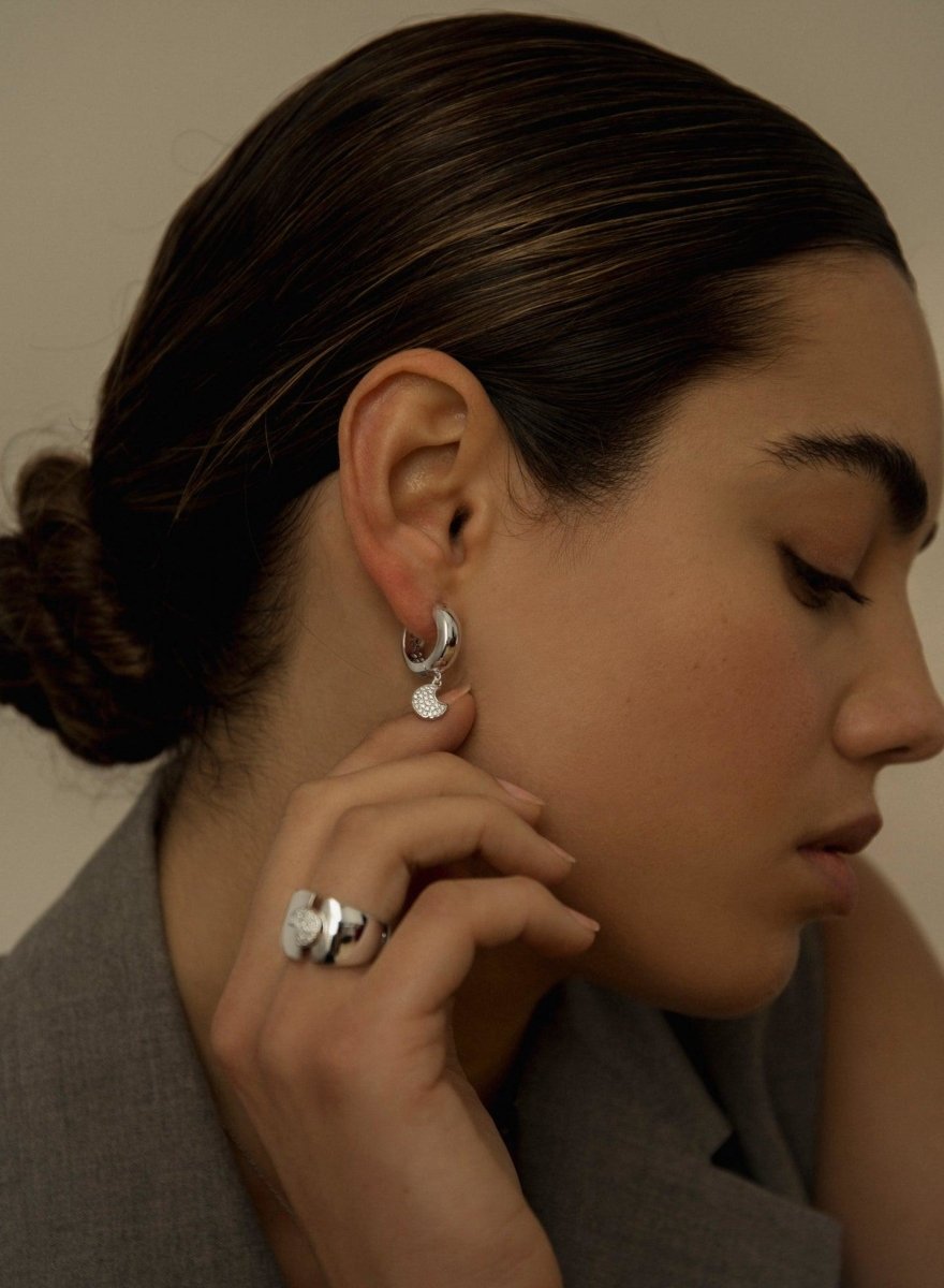 Earrings - Silver mobile hoop earrings with moon and cubic zirconia motif