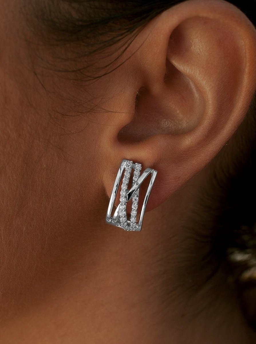 Earrings - Earrings with omega clasp interlaced design with zirconia rails