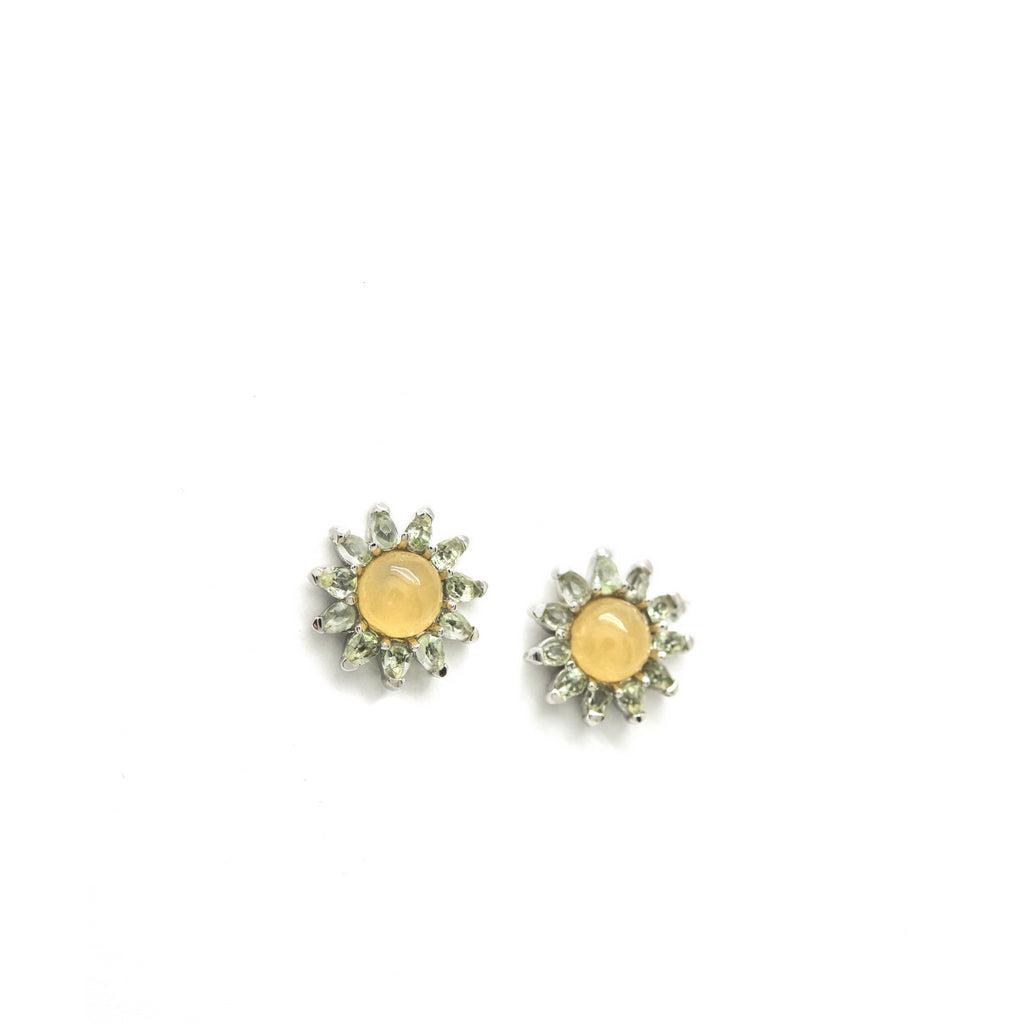 Earrings - Natural stone earrings in silver solar design yellow tone