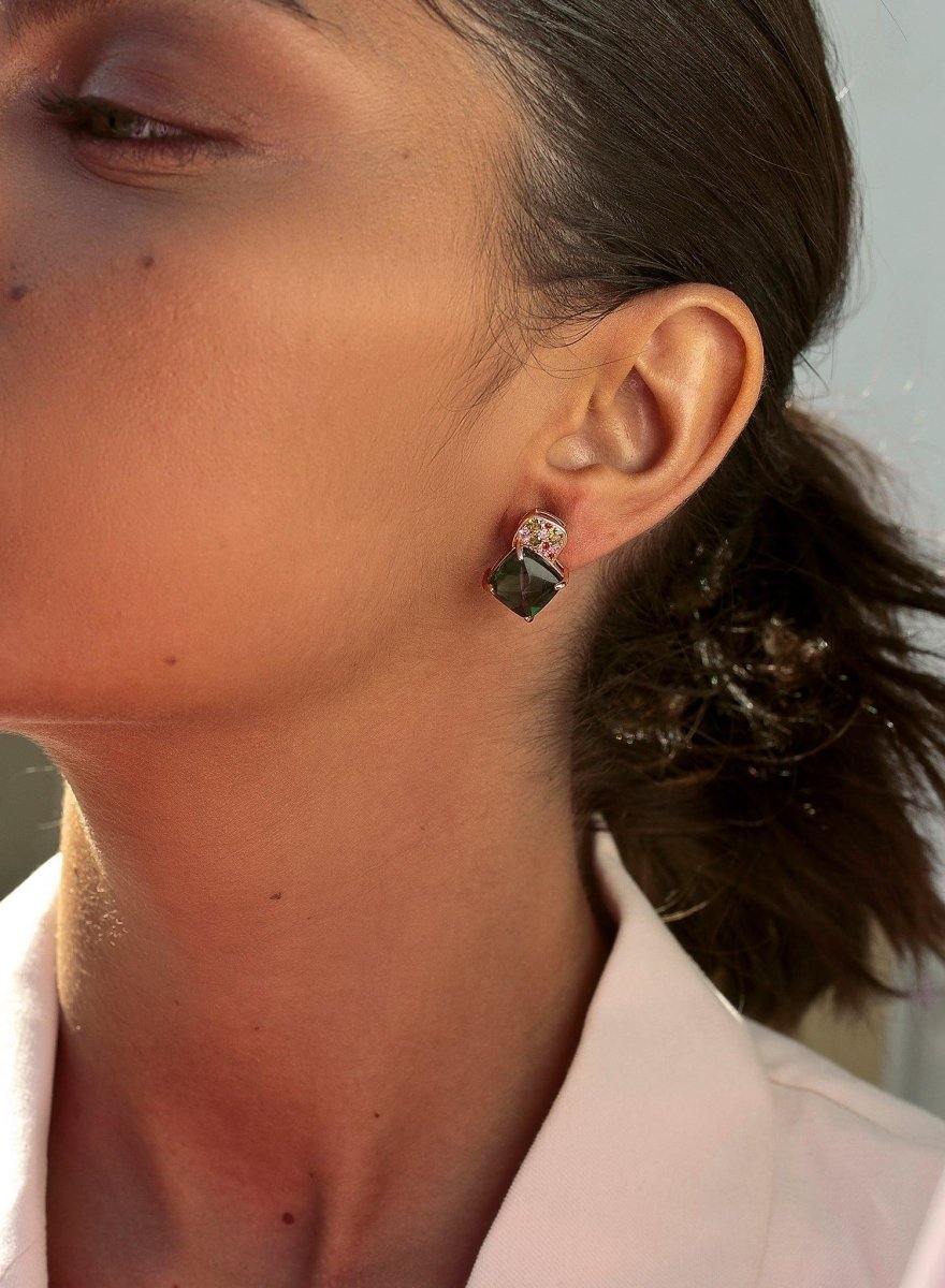 Earrings - Square green adamantine quartz design button earrings