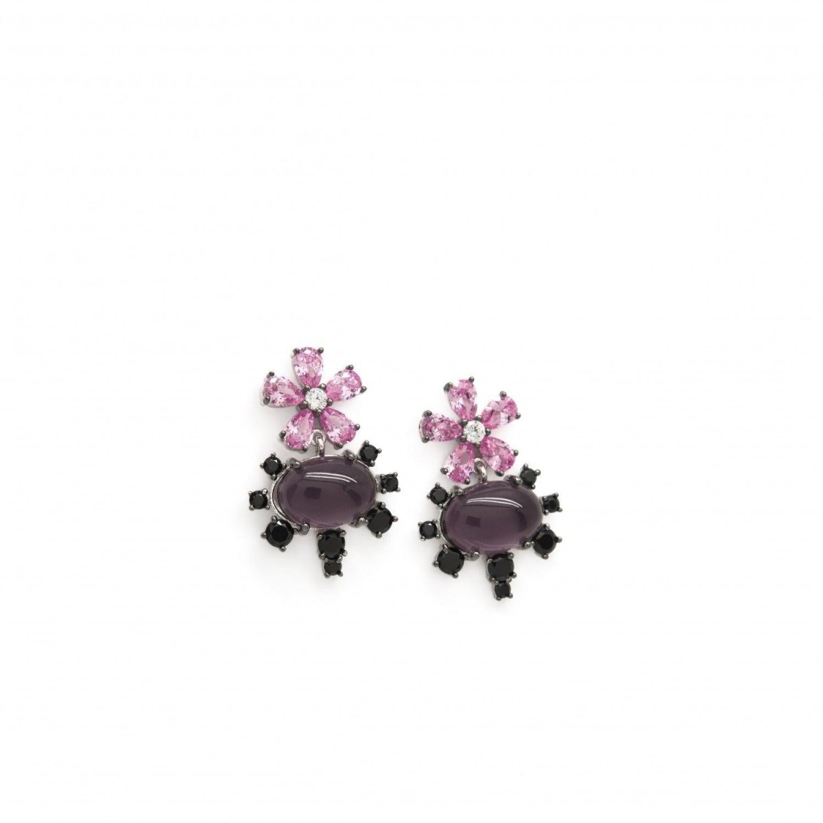 Pendiente · Pendientes de piedras de colores plata morados diseño floral con circonitas rosas y negras