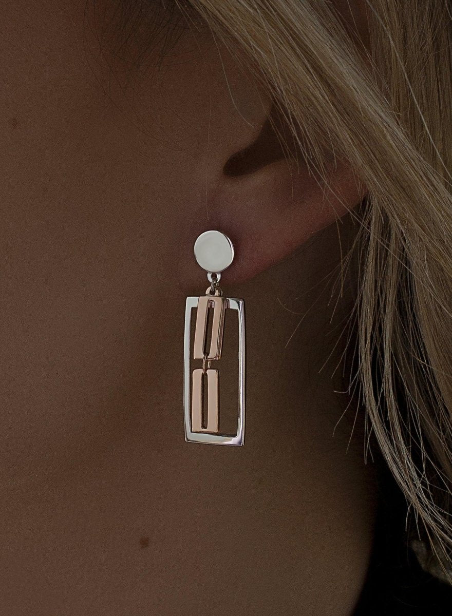 Earrings - Long silver earrings geometric bicolor design