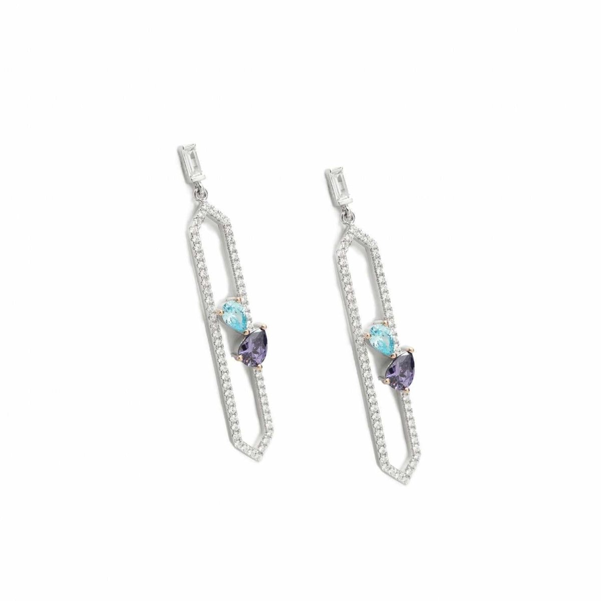Earrings - Thin long earrings in silver with double gemstone and zirconia