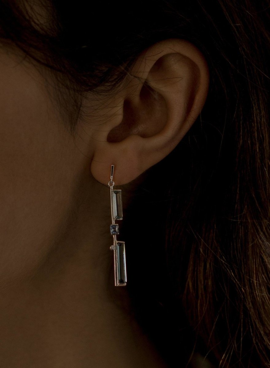 Earrings - Long fine silver earrings with gemstones in cool tones