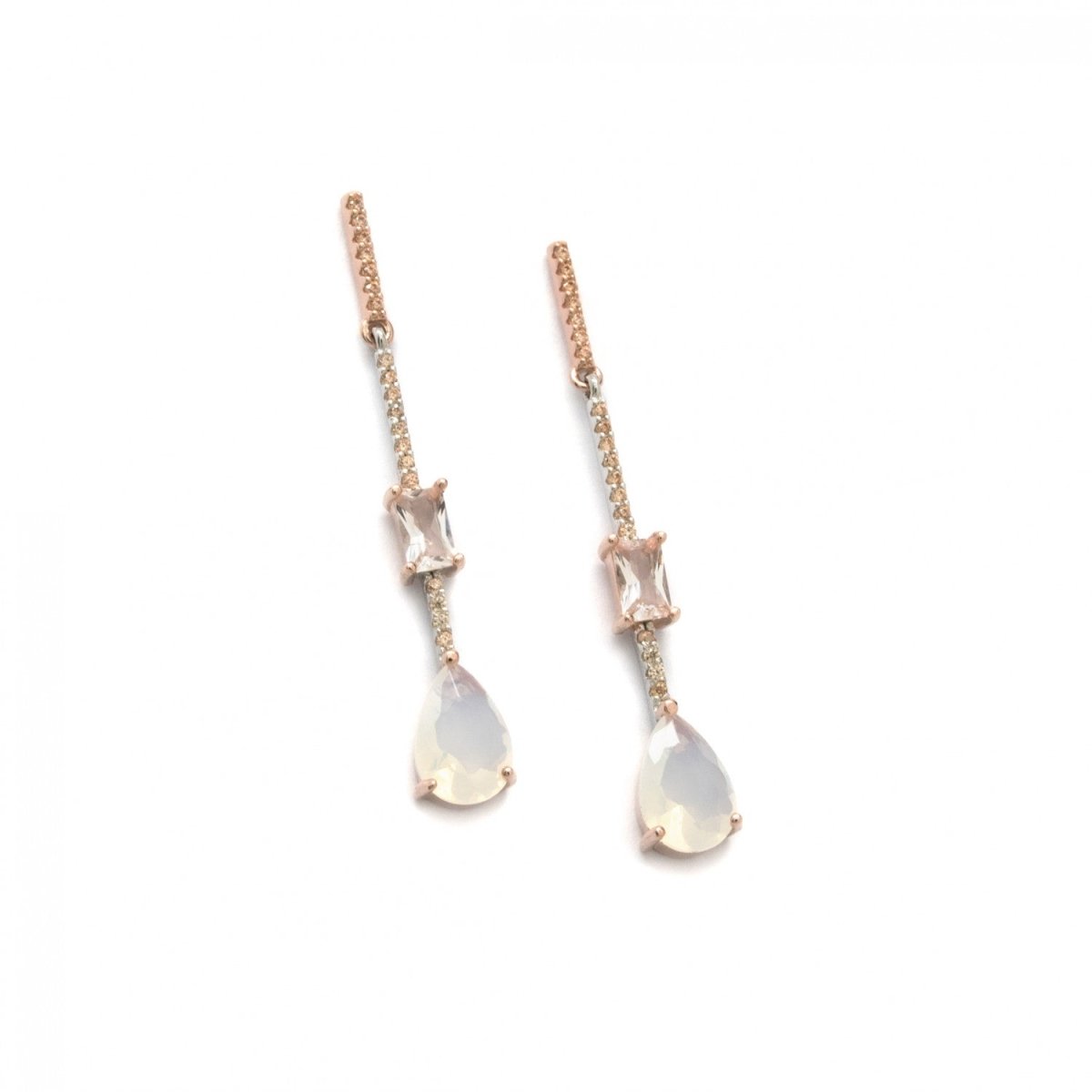 Earrings - Long thin silver earrings stick design with pink zirconias