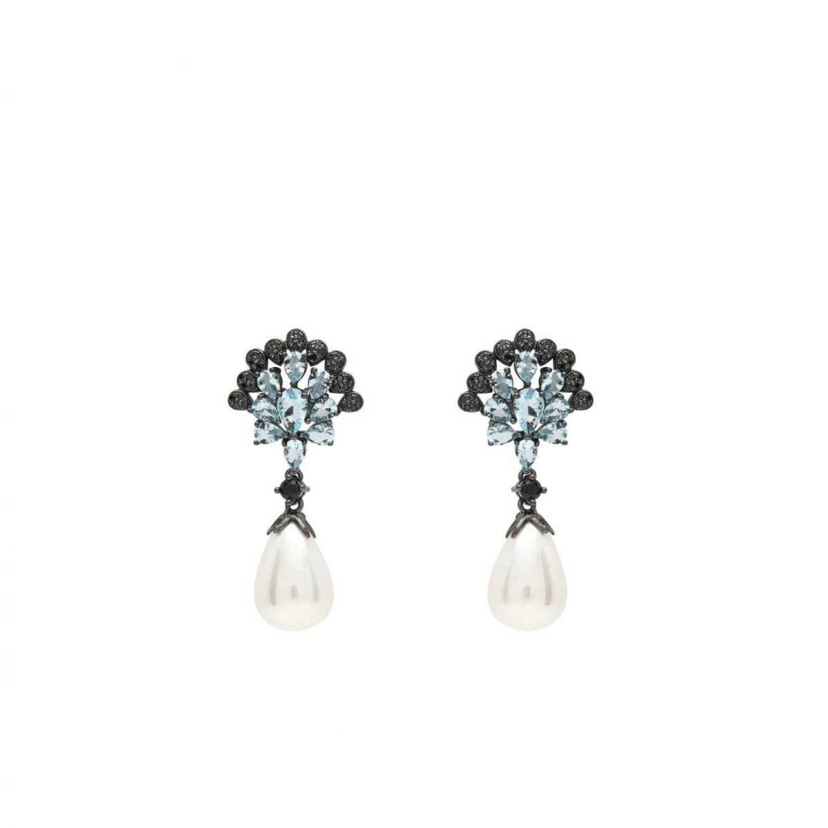 Pendiente · Pendientes perla colgante diseño gemas negras y azules
