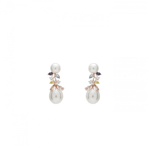 Pendiente · Pendientes largos perlas diseño floral con cuarzos adamantinos
