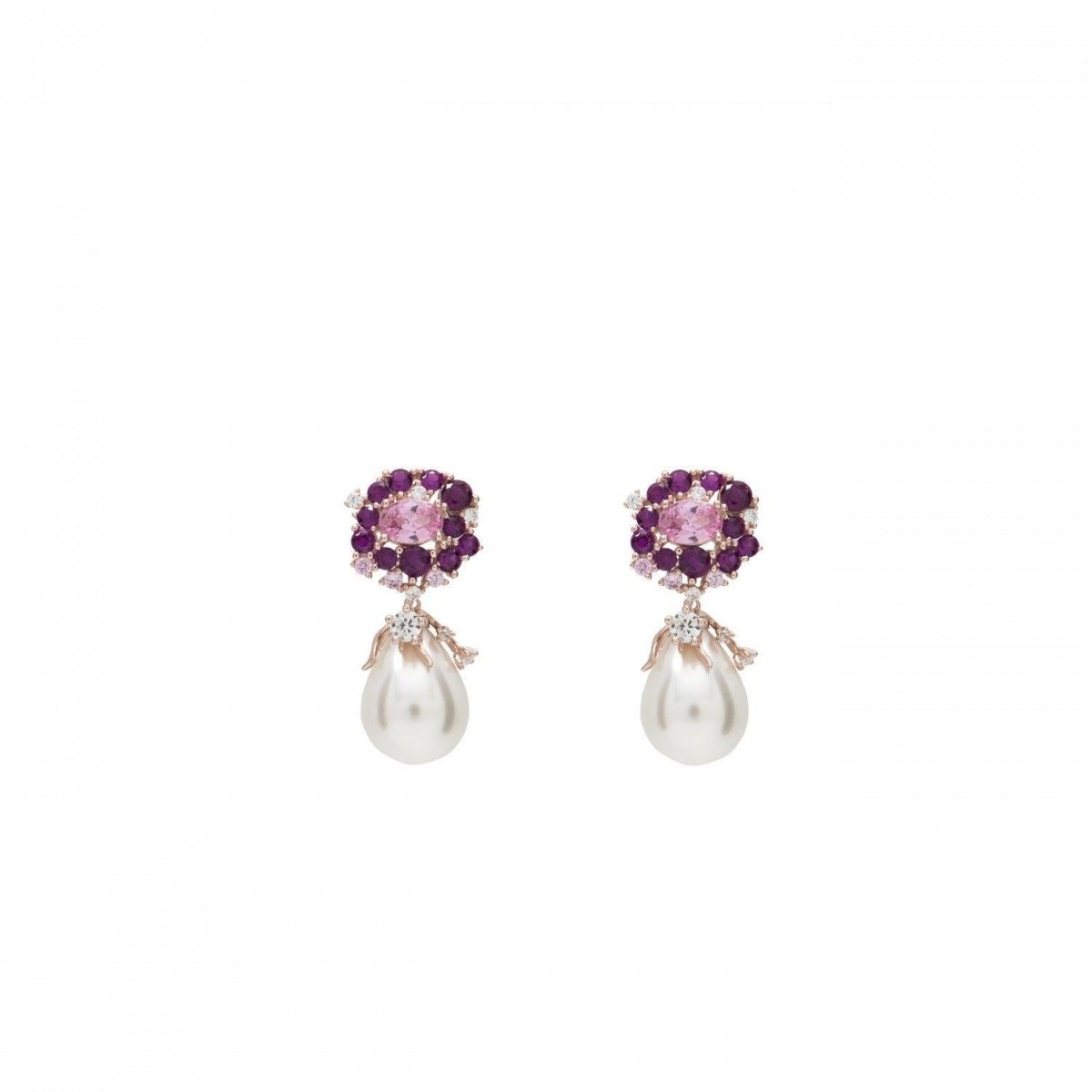 Pendiente · Pendientes perla colgante con gemas rosadas y circonita