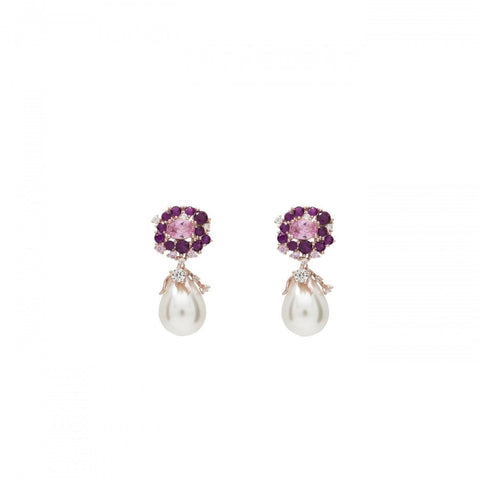 Pendiente · Pendientes perla colgante con gemas rosadas y circonita